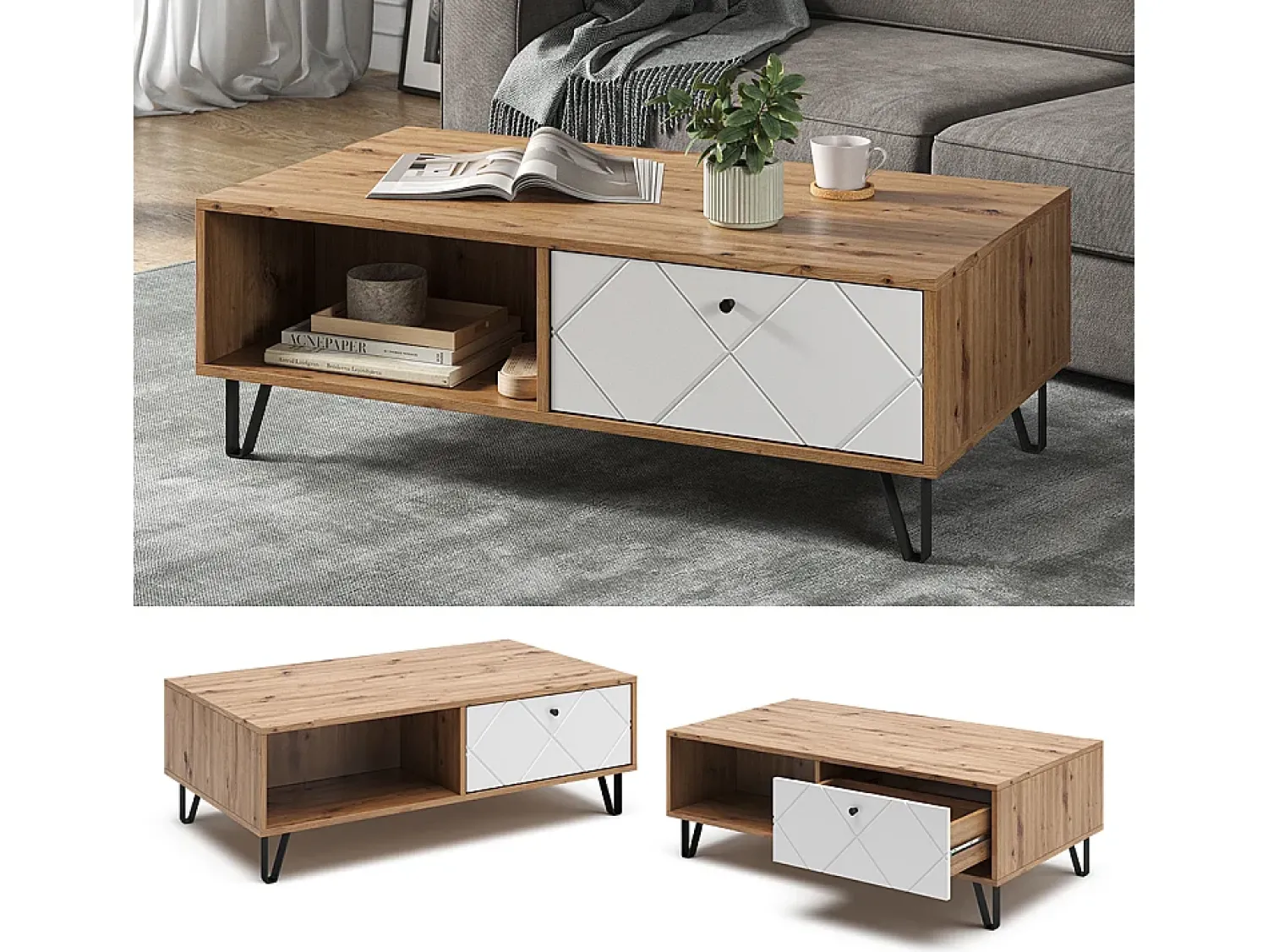 Vicco Mesa de centro carvalho artesanal 110x60x37 nizza^ Mesa De Centro
