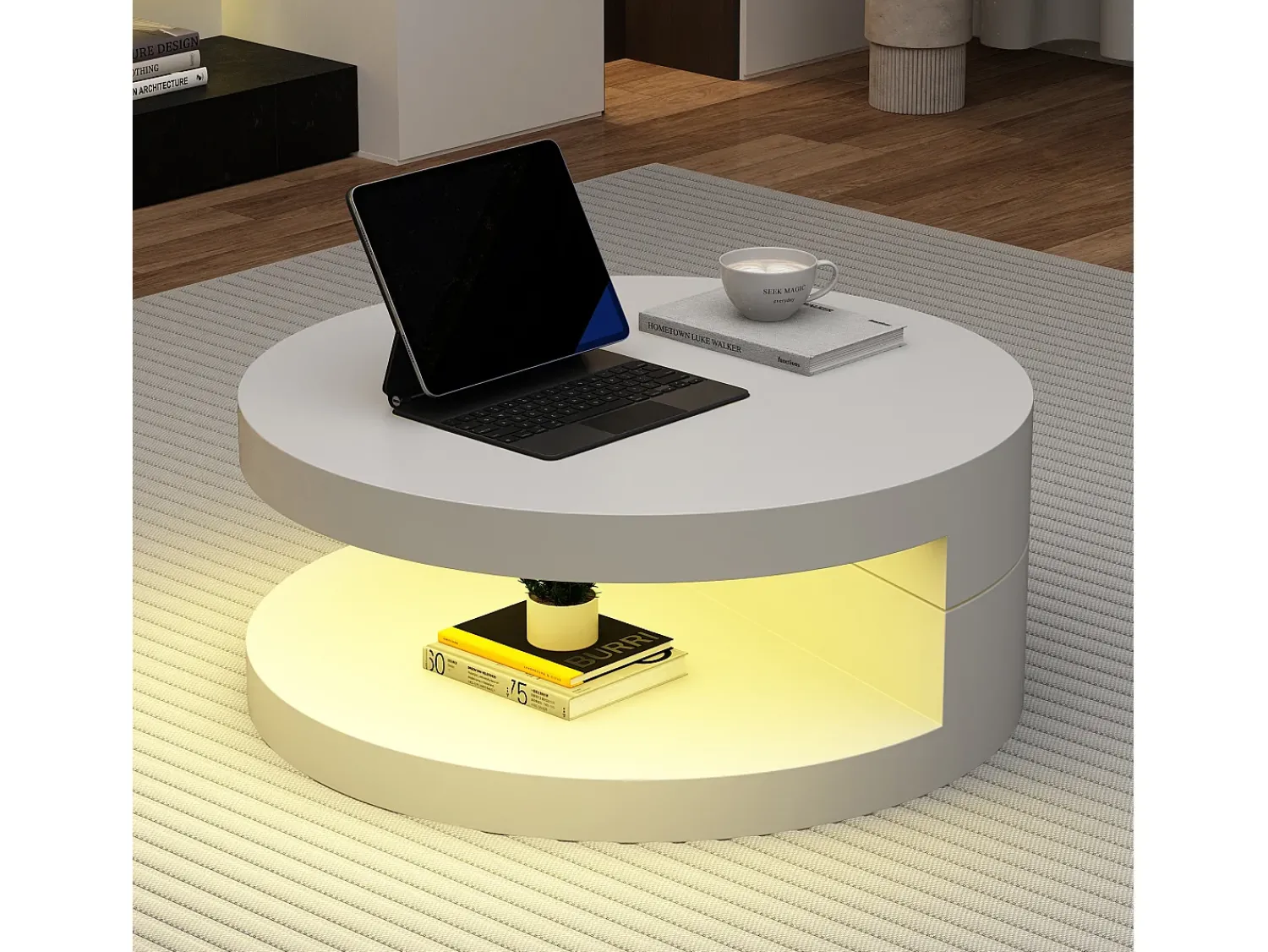 Mesa De Centro*Hauss Spole Mesa de centro cilíndrica branca com iluminação LED, tampo giratório Branco