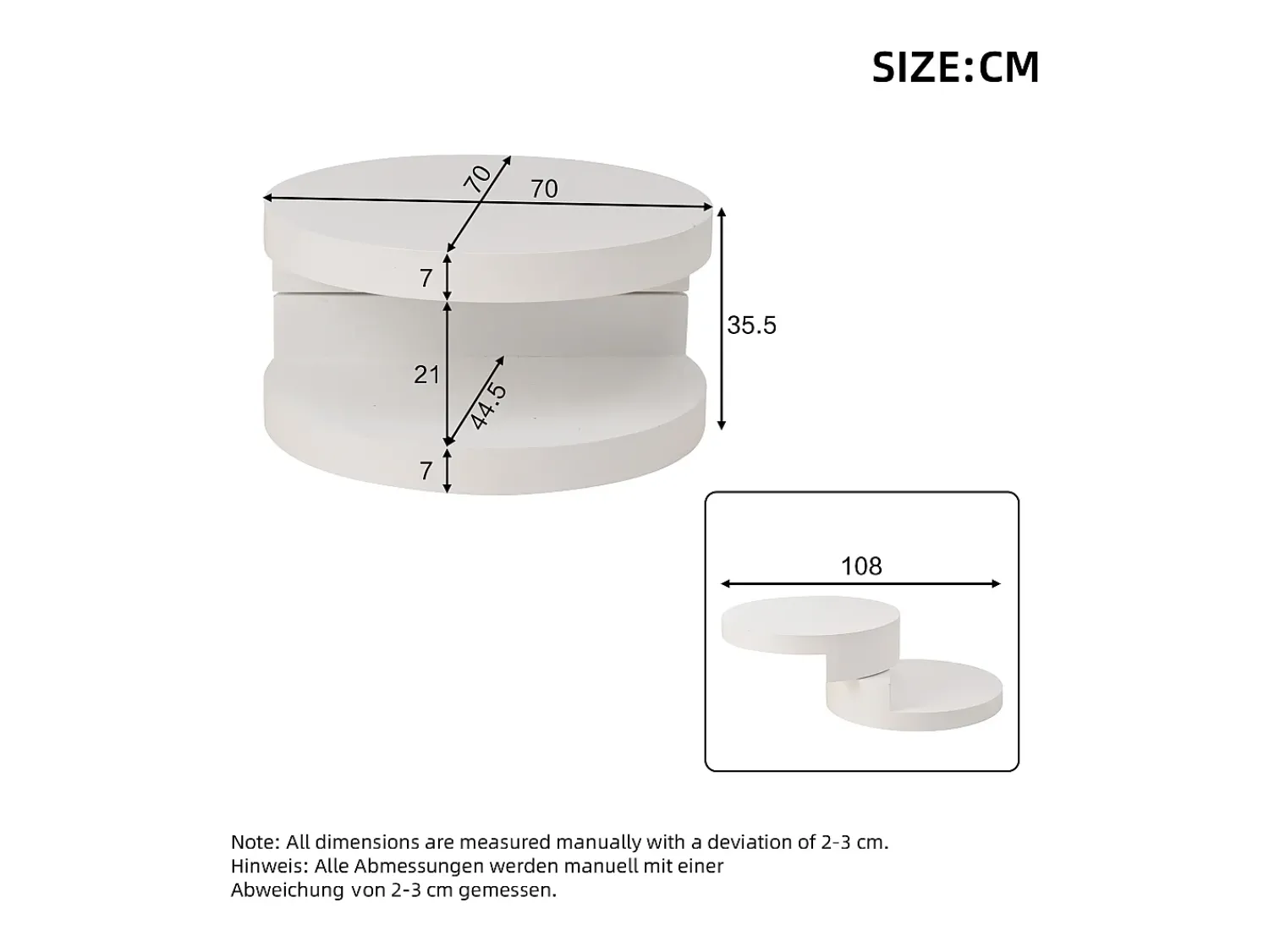 Mesa De Centro*Hauss Spole Mesa de centro cilíndrica branca com iluminação LED, tampo giratório Branco