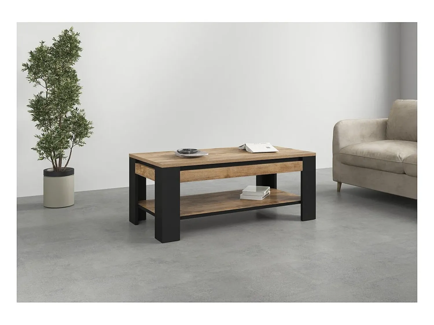 Mesa De Centro*Meublorama Mesa de Centro coleção MEUNIER – Carvalho Samdal & Preto Fosco, 120×49×60 cm Castanho