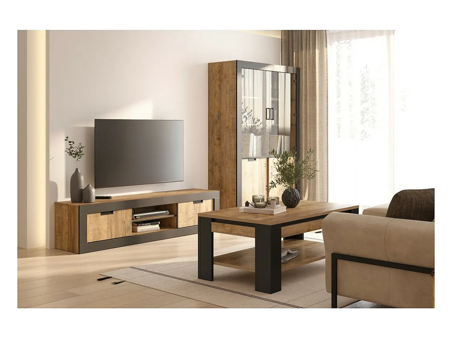Mesa De Centro*Meublorama Mesa de Centro coleção MEUNIER – Carvalho Samdal & Preto Fosco, 120×49×60 cm Castanho