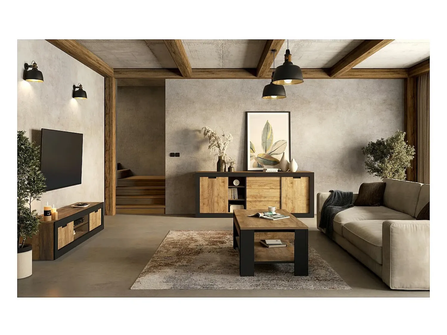 Mesa De Centro*Meublorama Mesa de Centro coleção MEUNIER – Carvalho Samdal & Preto Fosco, 120×49×60 cm Castanho