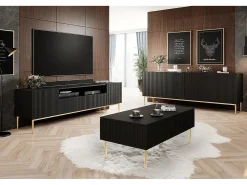 Mesa De Centro| Mesa de centro com 2 gavetas e pé em metal dourado 120x60 cm Preto