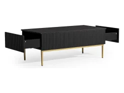 Mesa De Centro| Mesa de centro com 2 gavetas e pé em metal dourado 120x60 cm Preto