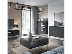 New Mesa de centro com 2 gavetas e tampo com efeito mármore, 97x45 cm Preto