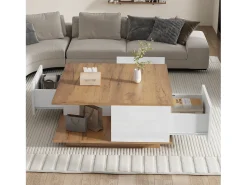 Clearance Mesa de Centro com 3 Gavetas - Acabamento em Madeira e 1 Compartimento de Arrumação Semiaberto - e Madeira Natural Branco