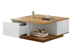 Clearance Mesa de Centro com 3 Gavetas - Acabamento em Madeira e 1 Compartimento de Arrumação Semiaberto - e Madeira Natural Branco