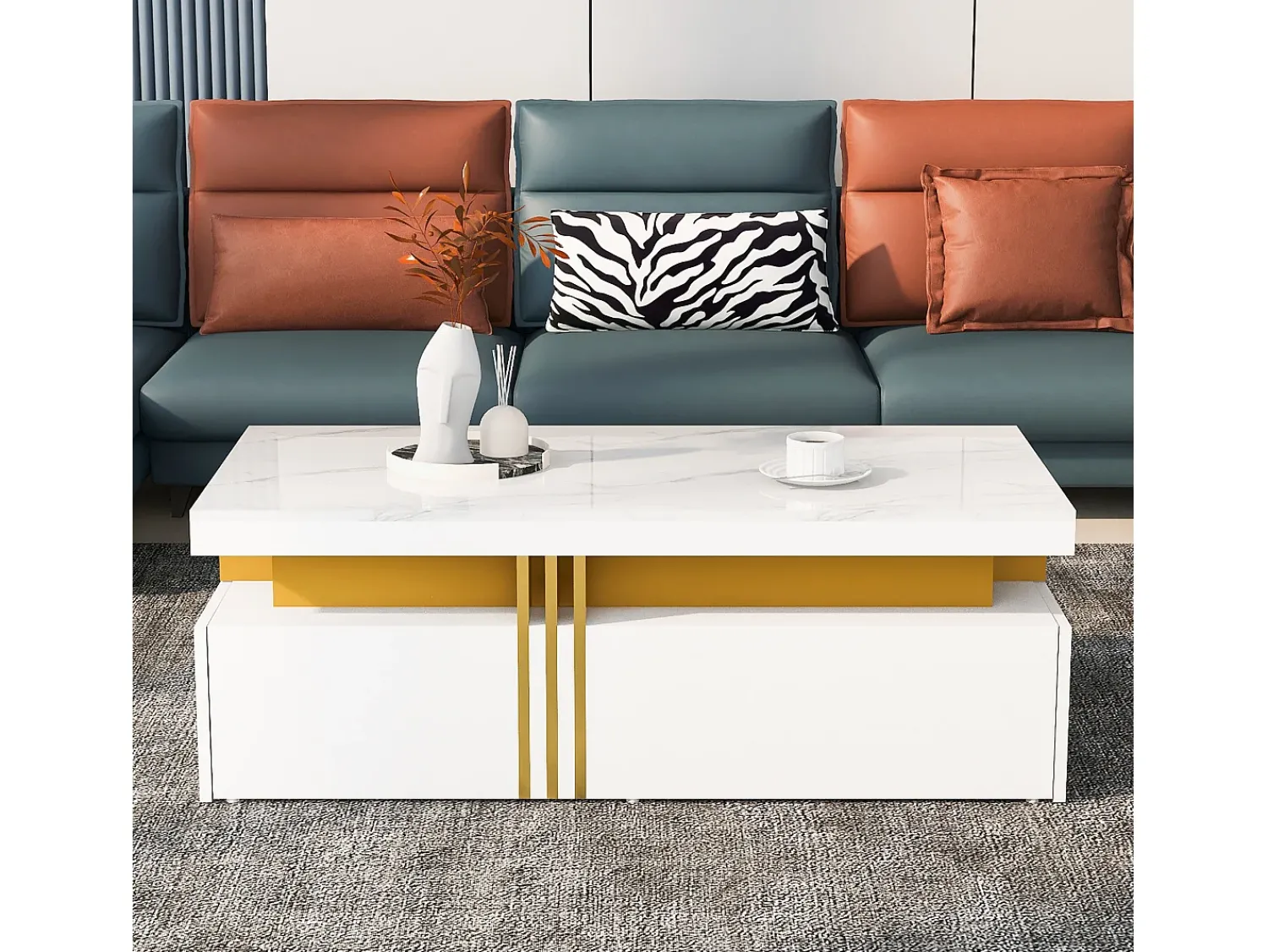 Mesa De Centro|ModernLuxe Mesa de centro com 2 gavetas - placa estampada em mármore - estilo escandinavo - Branco