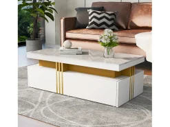 Mesa De Centro|ModernLuxe Mesa de centro com 2 gavetas - placa estampada em mármore - estilo escandinavo - Branco