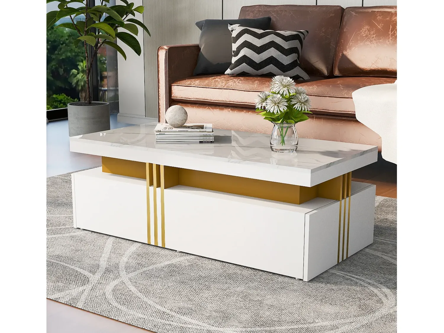 Mesa De Centro|ModernLuxe Mesa de centro com 2 gavetas - placa estampada em mármore - estilo escandinavo - Branco