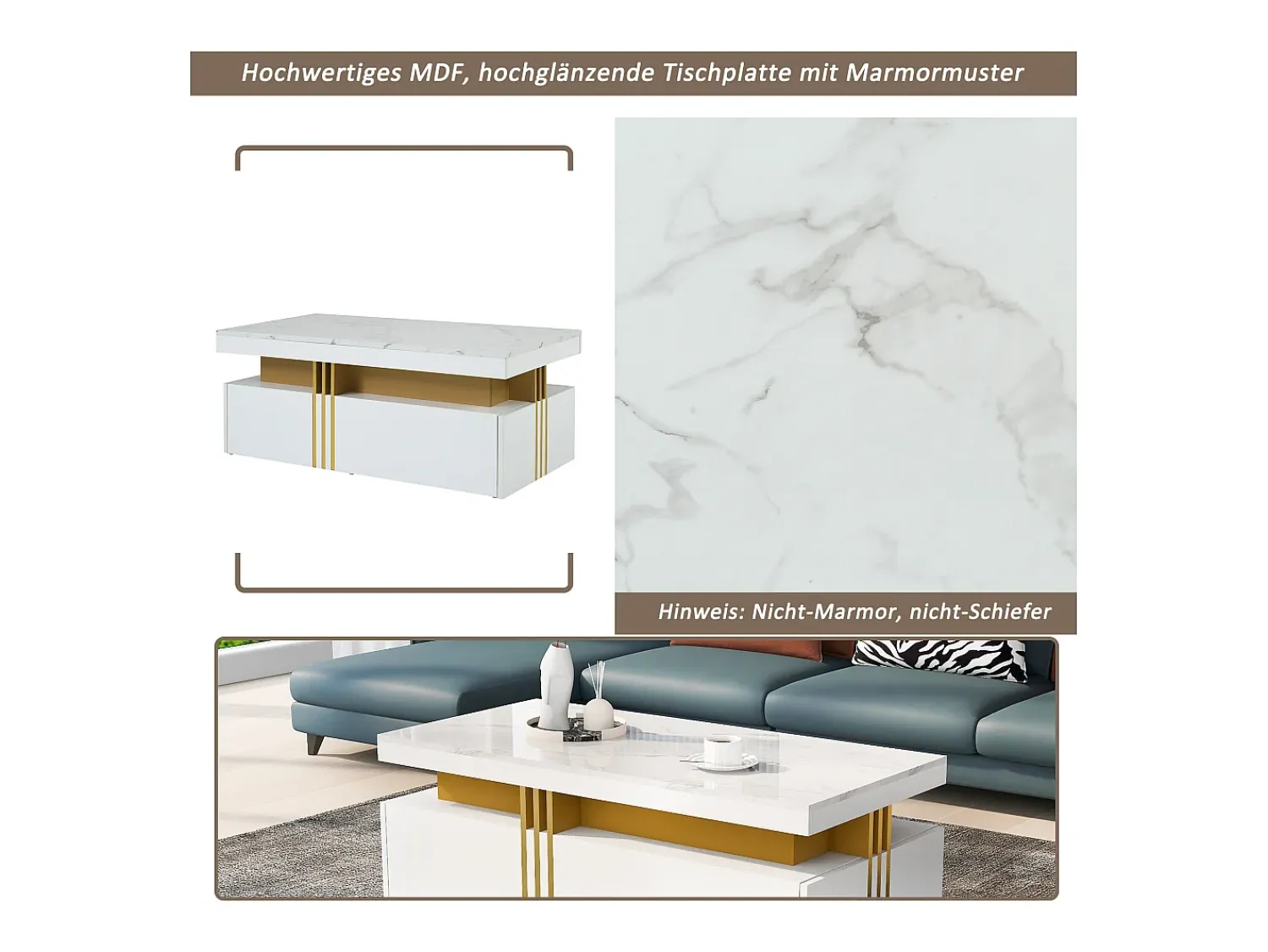 Mesa De Centro|ModernLuxe Mesa de centro com 2 gavetas - placa estampada em mármore - estilo escandinavo - Branco