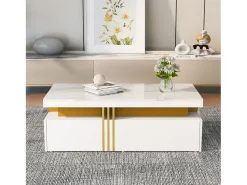 Mesa De Centro|ModernLuxe Mesa de centro com 2 gavetas - placa estampada em mármore - estilo escandinavo - Branco