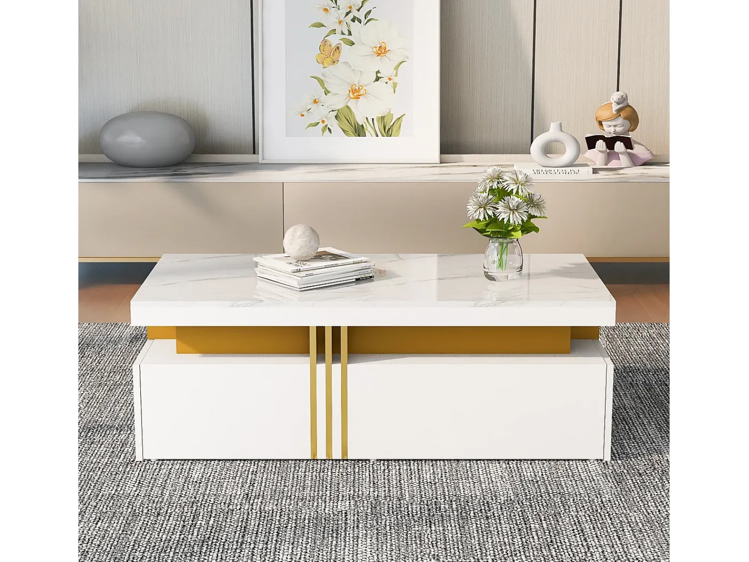 Mesa De Centro|ModernLuxe Mesa de centro com 2 gavetas - placa estampada em mármore - estilo escandinavo - Branco