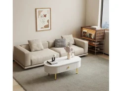 Mesa De Centro*Merax Mesa de centro com 2 gavetas - 108 x 50 x 40 cm - puxadores e pés dourados - cantos curvos - MDF - Branco