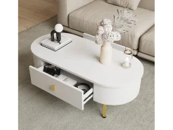 Mesa De Centro*Merax Mesa de centro com 2 gavetas - 108 x 50 x 40 cm - puxadores e pés dourados - cantos curvos - MDF - Branco