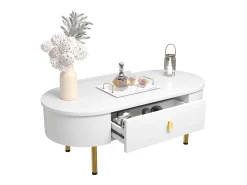 Mesa De Centro*Merax Mesa de centro com 2 gavetas - 108 x 50 x 40 cm - puxadores e pés dourados - cantos curvos - MDF - Branco