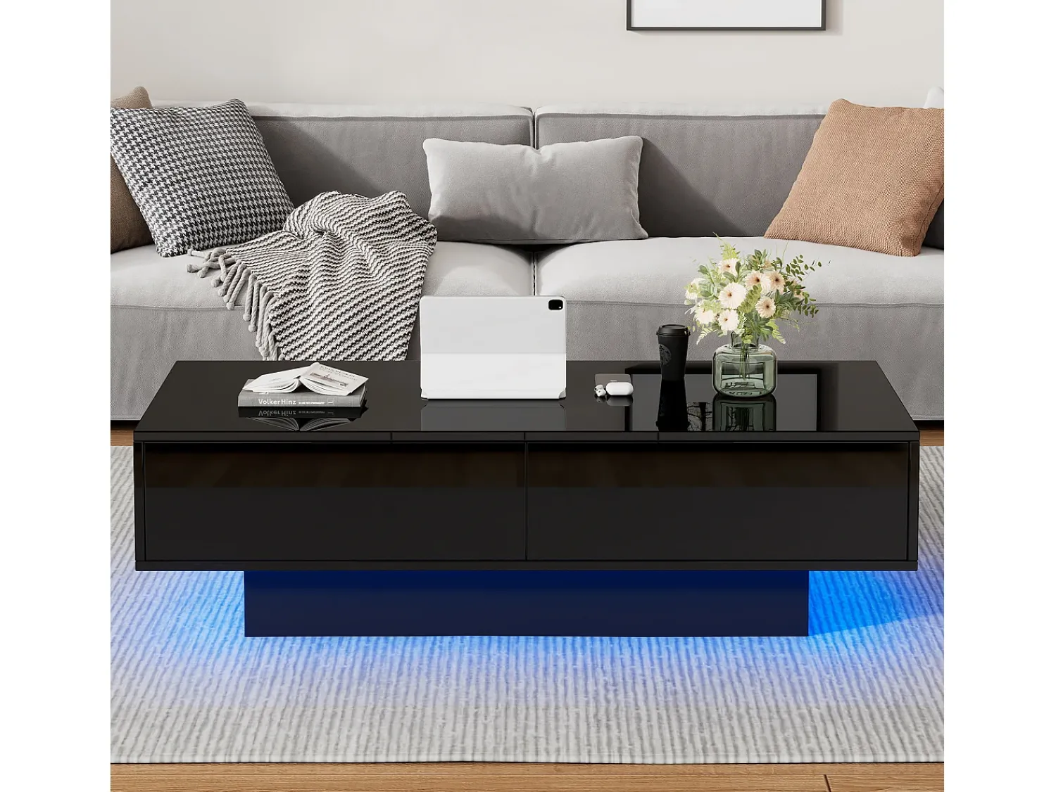 Mesa De Centro|Merax Mesa de centro com 2 gavetas - 115 x 55 x 34 cm - LEDs - Aglomerado - brilhante Preto