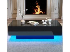 Mesa De Centro|Merax Mesa de centro com 2 gavetas - 115 x 55 x 34 cm - LEDs - Aglomerado - brilhante Preto