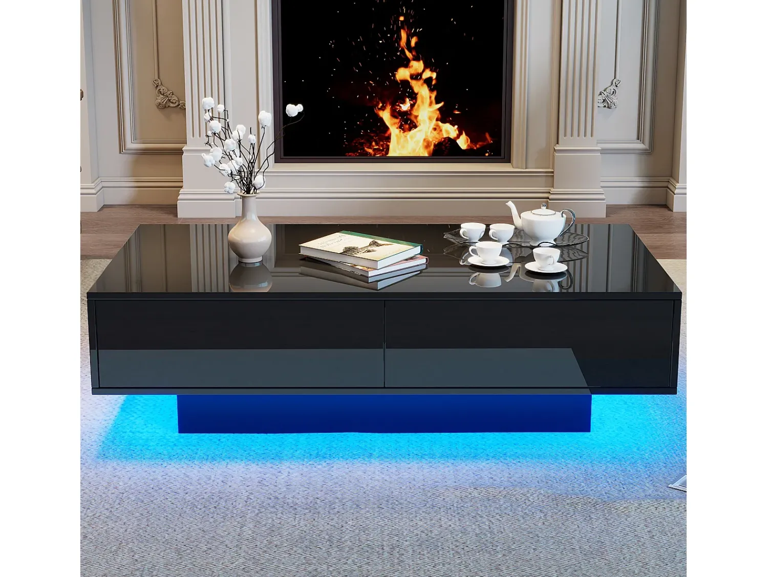 Mesa De Centro|Merax Mesa de centro com 2 gavetas - 115 x 55 x 34 cm - LEDs - Aglomerado - brilhante Preto