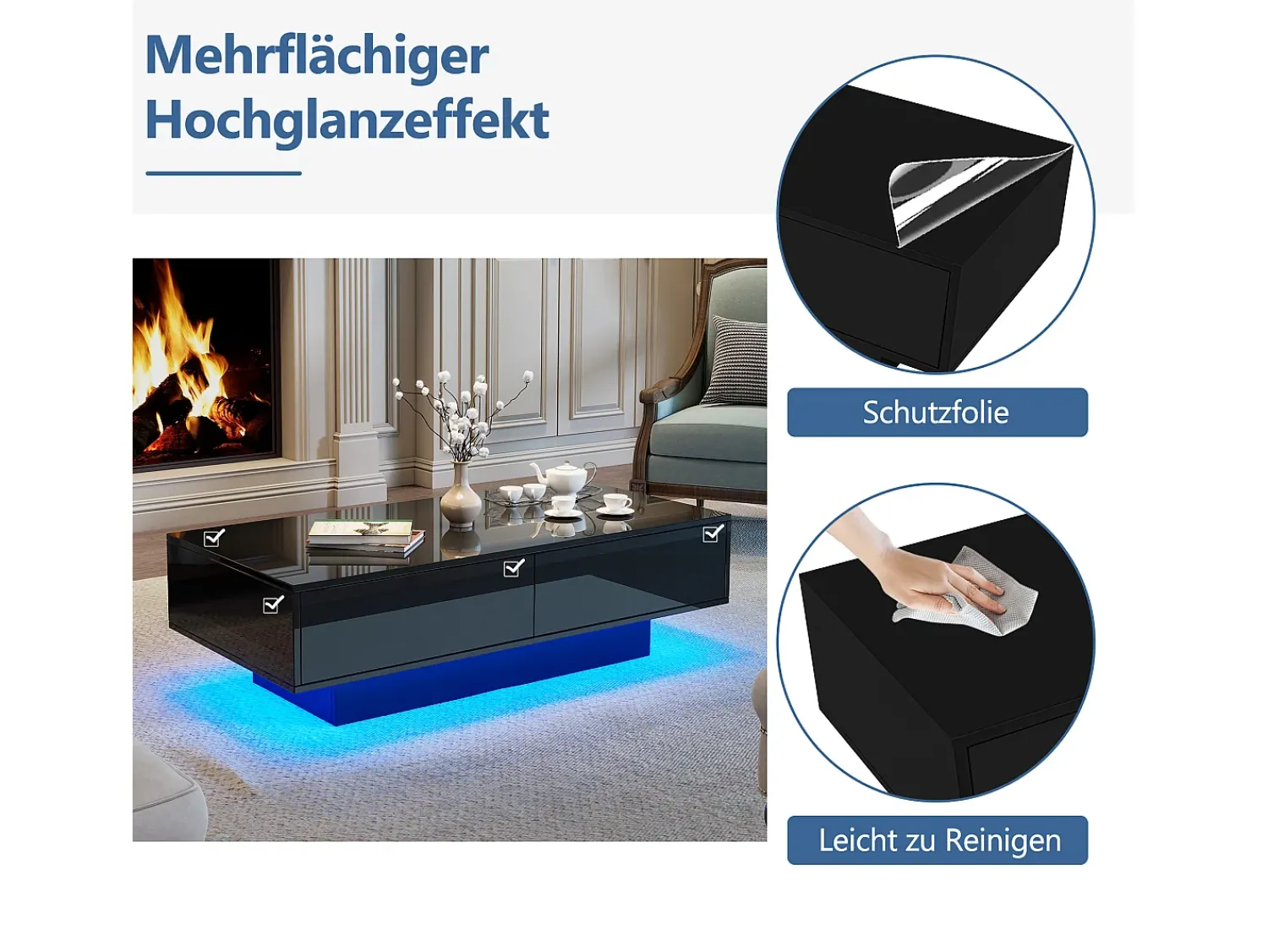 Mesa De Centro|Merax Mesa de centro com 2 gavetas - 115 x 55 x 34 cm - LEDs - Aglomerado - brilhante Preto