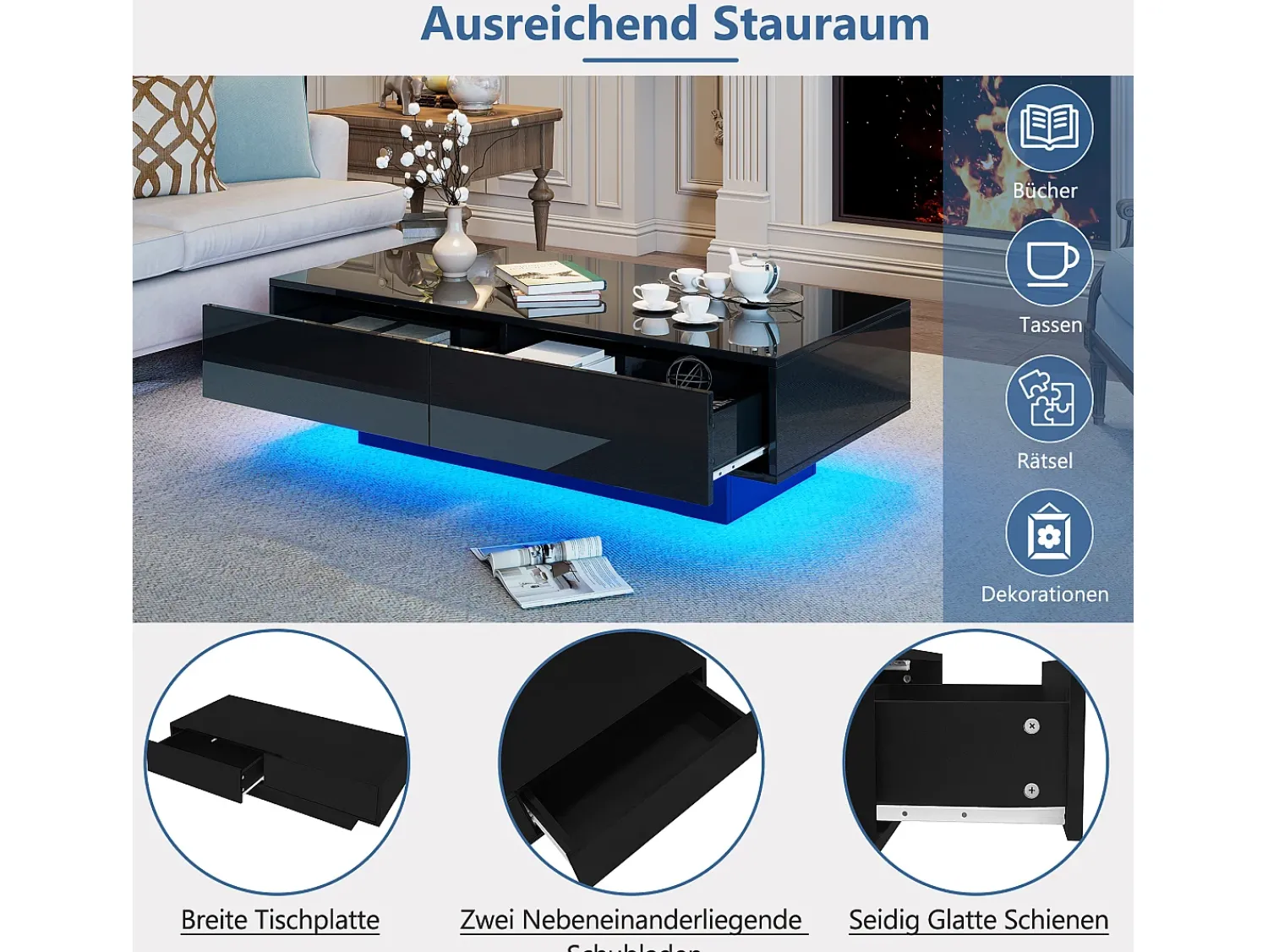 Mesa De Centro|Merax Mesa de centro com 2 gavetas - 115 x 55 x 34 cm - LEDs - Aglomerado - brilhante Preto