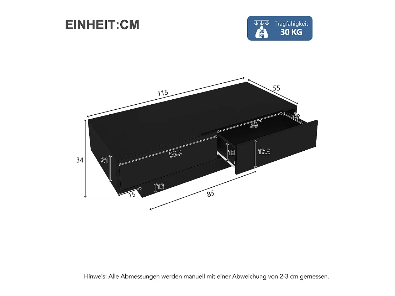 Mesa De Centro|Merax Mesa de centro com 2 gavetas - 115 x 55 x 34 cm - LEDs - Aglomerado - brilhante Preto