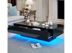 Mesa De Centro|Merax Mesa de centro com 2 gavetas - 115 x 55 x 34 cm - LEDs - Aglomerado - brilhante Preto