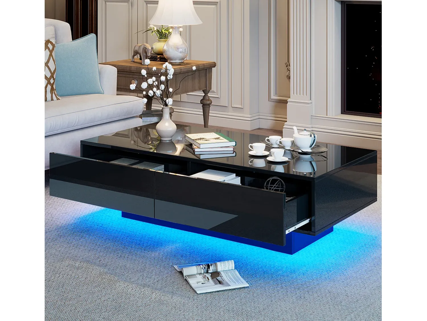 Mesa De Centro|Merax Mesa de centro com 2 gavetas - 115 x 55 x 34 cm - LEDs - Aglomerado - brilhante Preto