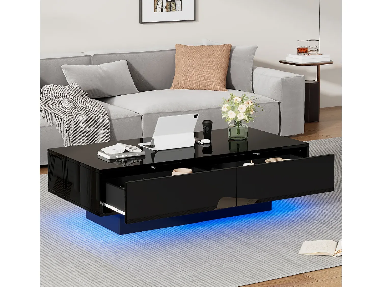 Mesa De Centro|Merax Mesa de centro com 2 gavetas - 115 x 55 x 34 cm - LEDs - Aglomerado - brilhante Preto