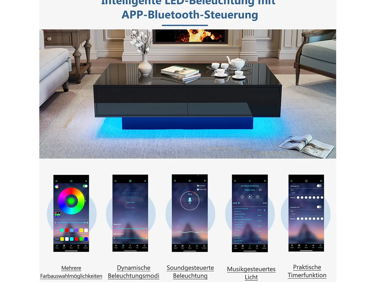 Mesa De Centro|Merax Mesa de centro com 2 gavetas - 115 x 55 x 34 cm - LEDs - Aglomerado - brilhante Preto