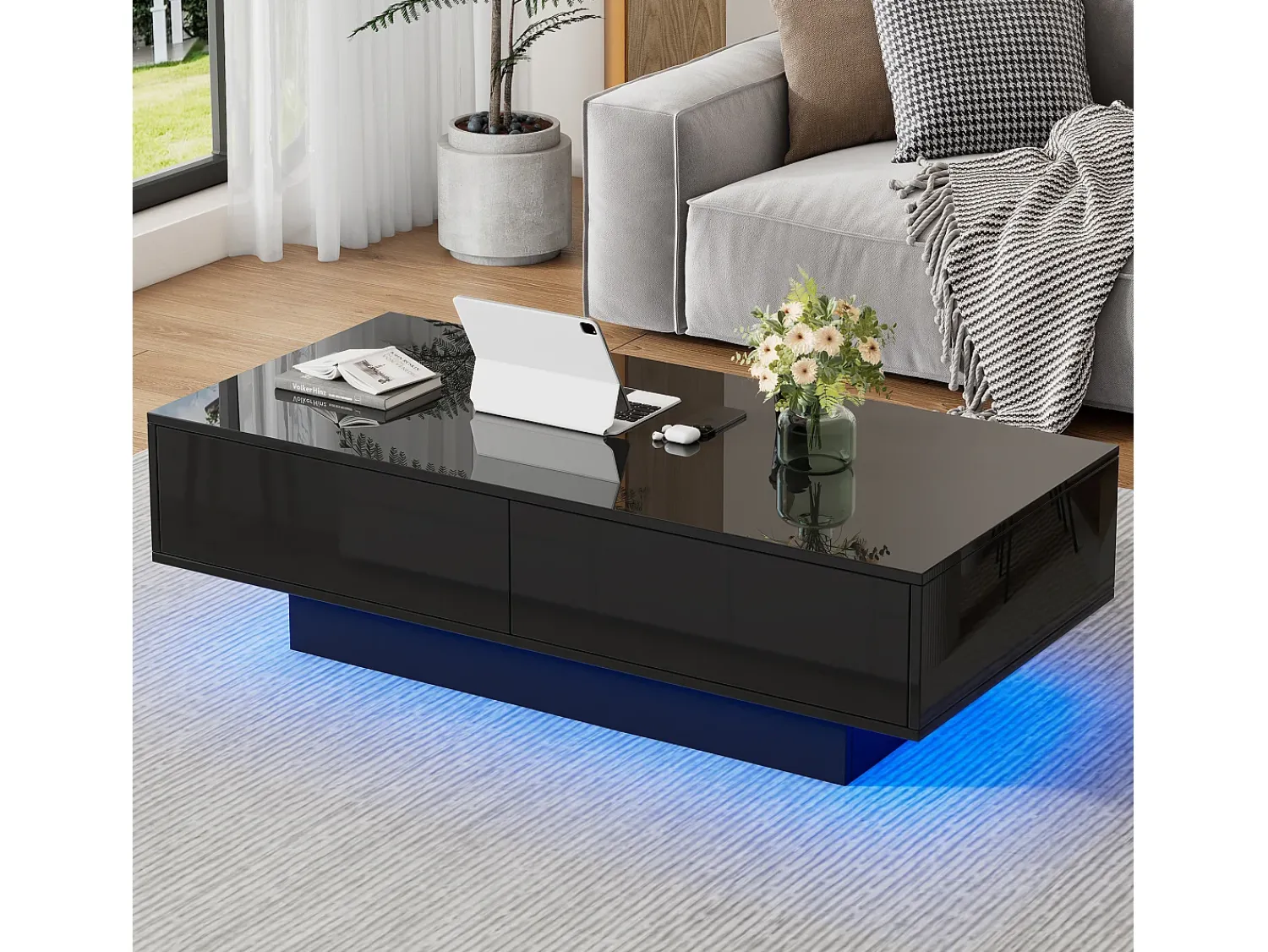 Mesa De Centro|Merax Mesa de centro com 2 gavetas - 115 x 55 x 34 cm - LEDs - Aglomerado - brilhante Preto