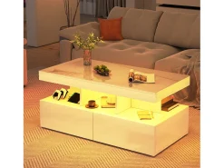 Mesa De Centro| Mesa de centro com 2 gavetas, mesa de centro moderna com iluminação LED, com espaço de armazenamento aberto, branca. Branco