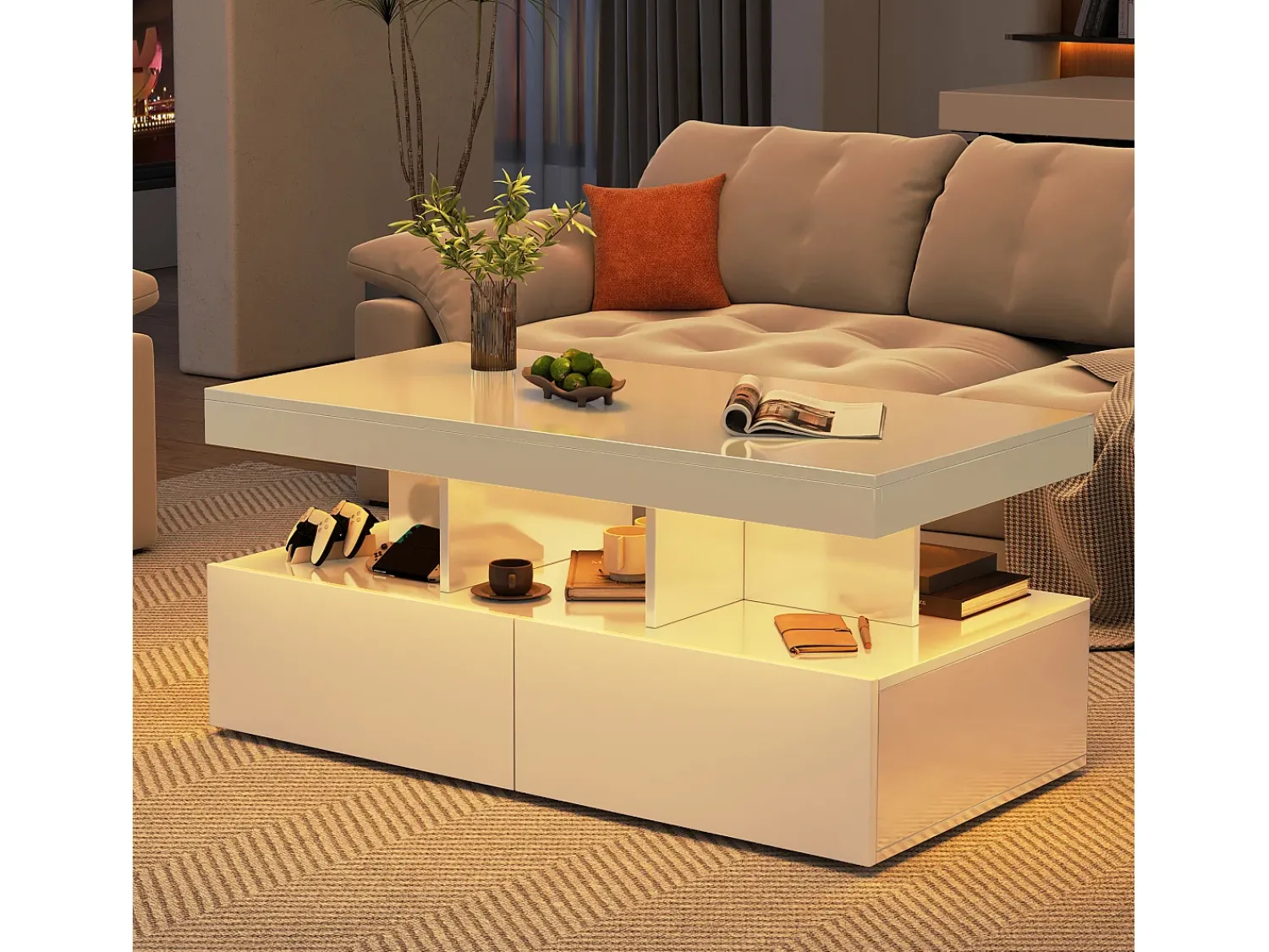 Mesa De Centro| Mesa de centro com 2 gavetas, mesa de centro moderna com iluminação LED, com espaço de armazenamento aberto, branca. Branco