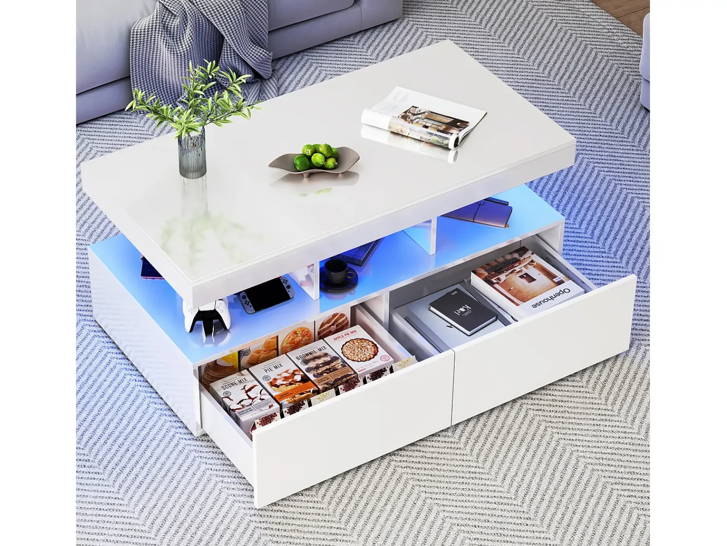 Mesa De Centro| Mesa de centro com 2 gavetas, mesa de centro moderna com iluminação LED, com espaço de armazenamento aberto, branca. Branco