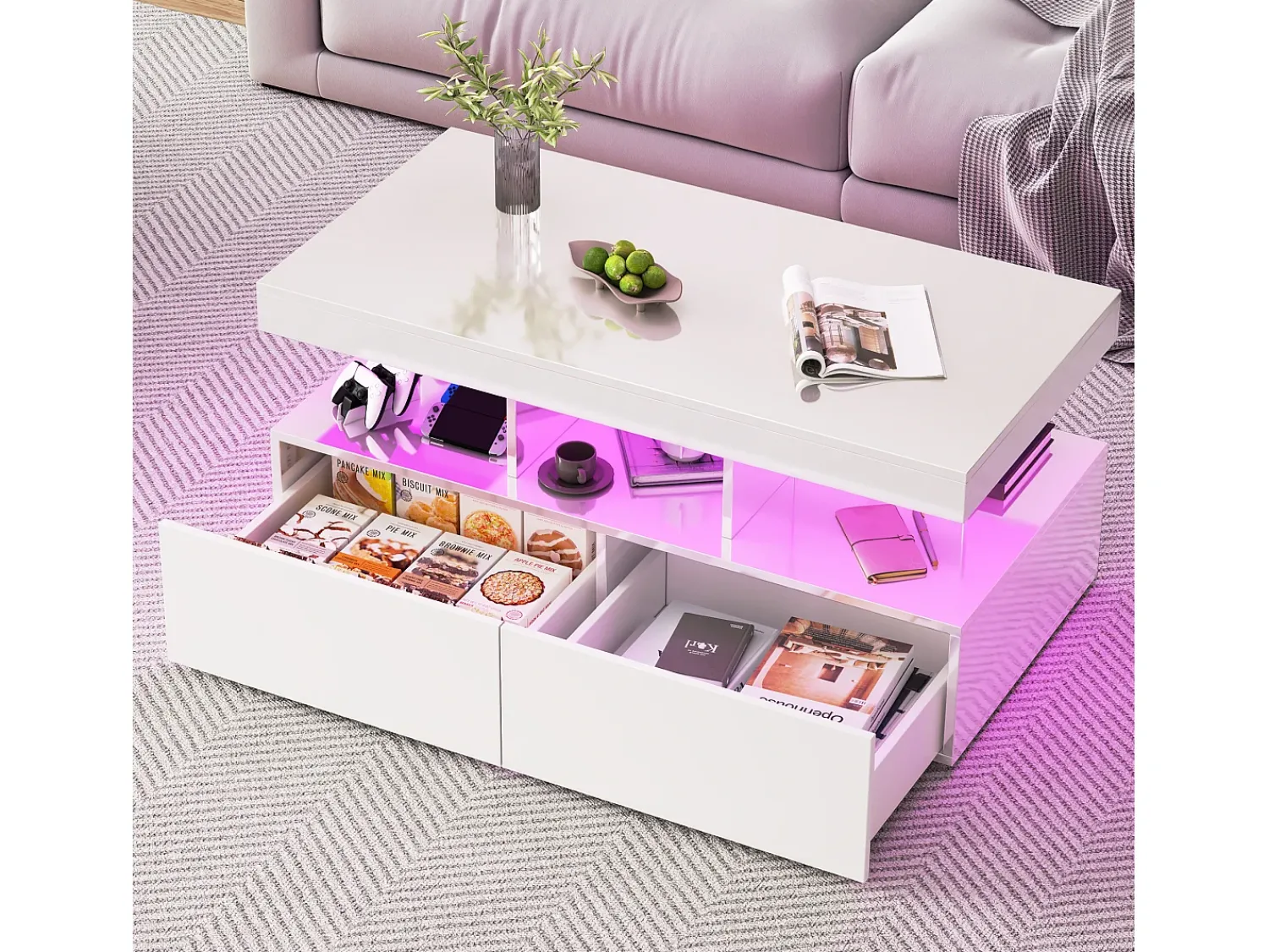 Mesa De Centro| Mesa de centro com 2 gavetas, mesa de centro moderna com iluminação LED, com espaço de armazenamento aberto, branca. Branco