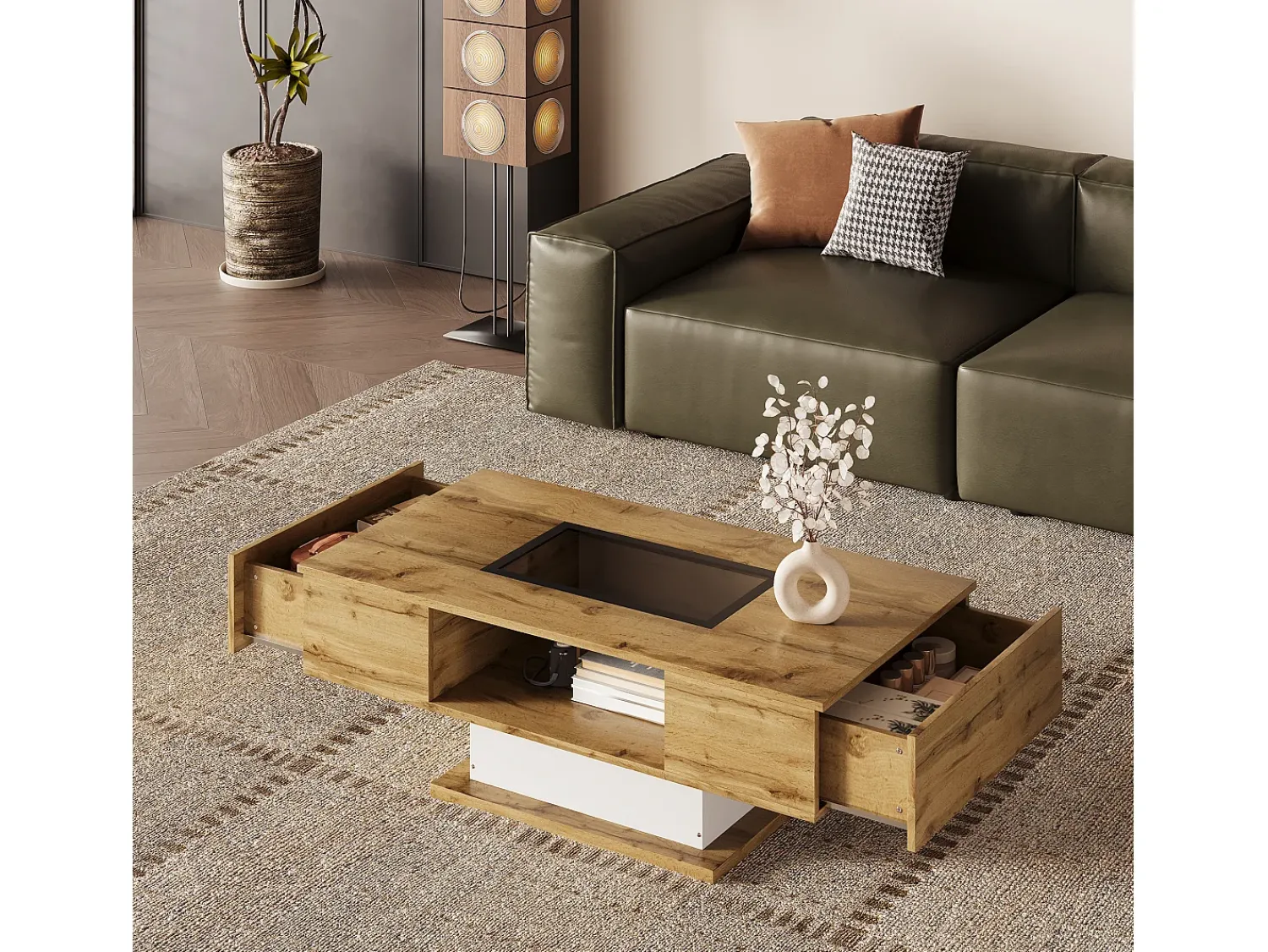 Mesa De Centro|Merax Mesa de centro com 2 gavetas e compartimento - 110,2 x 60 x 39,7 cm - LEDs - Madeira MDF - Natural Natural claro