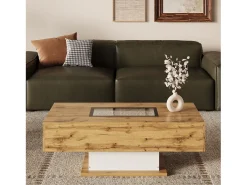 Mesa De Centro|Merax Mesa de centro com 2 gavetas e compartimento - 110,2 x 60 x 39,7 cm - LEDs - Madeira MDF - Natural Natural claro
