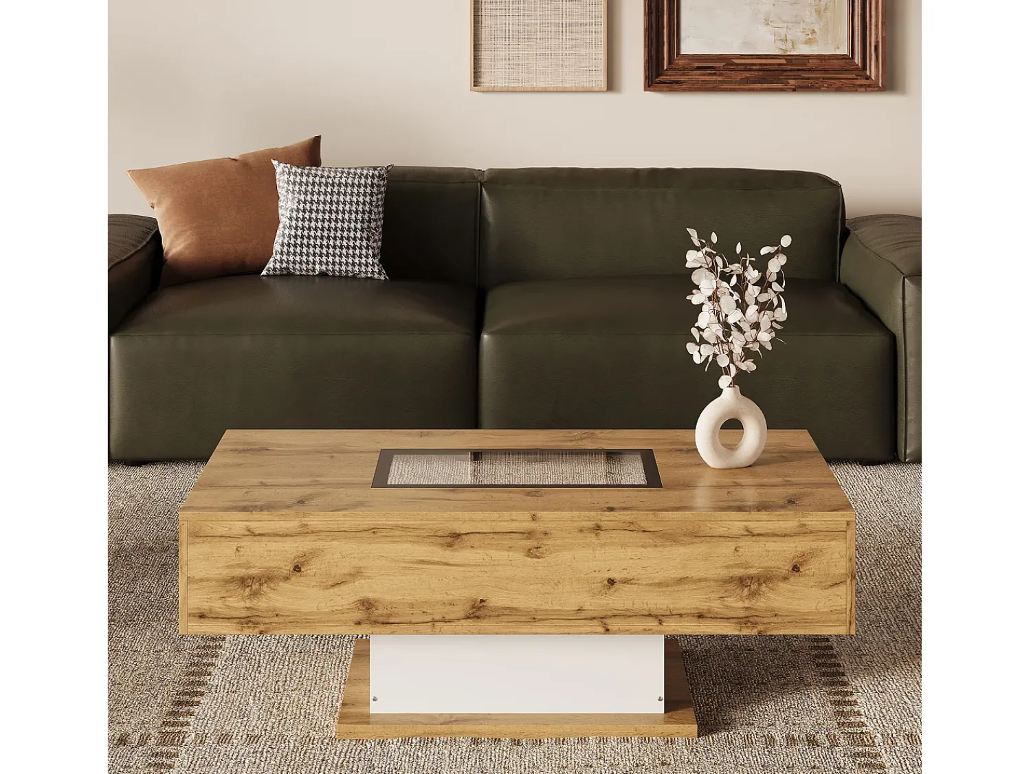 Mesa De Centro|Merax Mesa de centro com 2 gavetas e compartimento - 110,2 x 60 x 39,7 cm - LEDs - Madeira MDF - Natural Natural claro