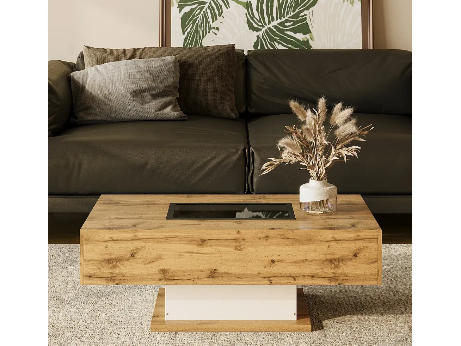 Mesa De Centro|Merax Mesa de centro com 2 gavetas e compartimento - 110,2 x 60 x 39,7 cm - LEDs - Madeira MDF - Natural Natural claro