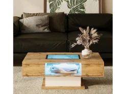 Mesa De Centro|Merax Mesa de centro com 2 gavetas e compartimento - 110,2 x 60 x 39,7 cm - LEDs - Madeira MDF - Natural Natural claro