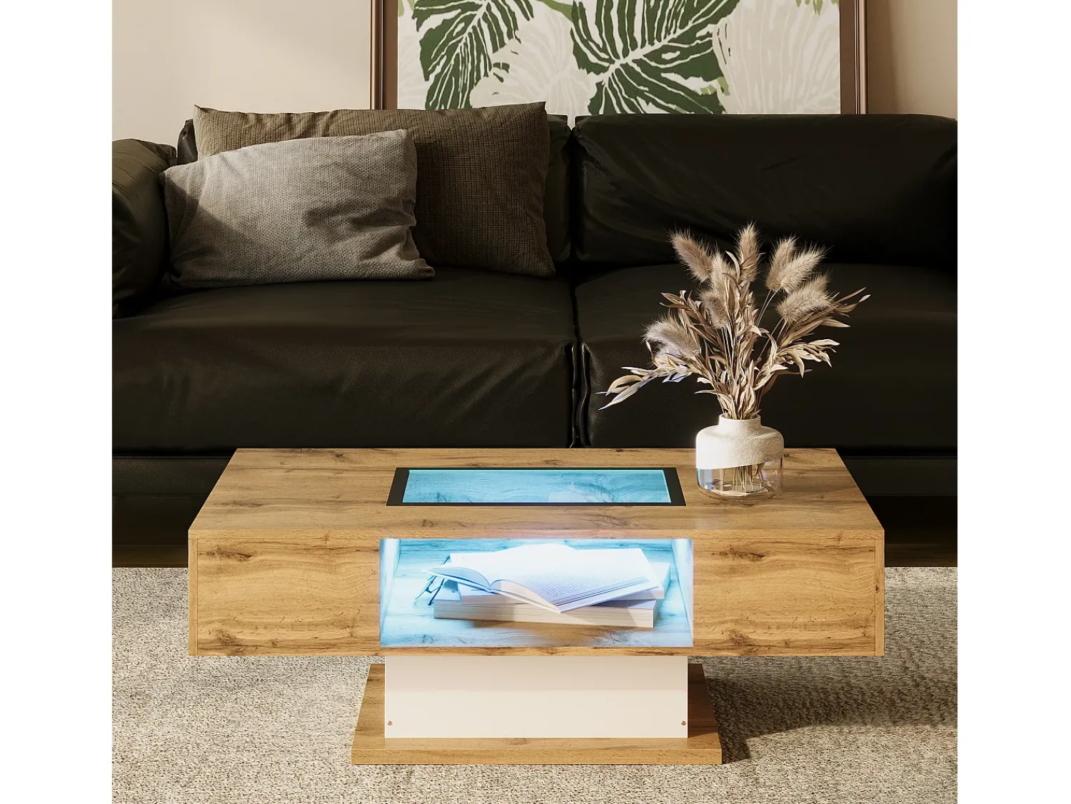 Mesa De Centro|Merax Mesa de centro com 2 gavetas e compartimento - 110,2 x 60 x 39,7 cm - LEDs - Madeira MDF - Natural Natural claro
