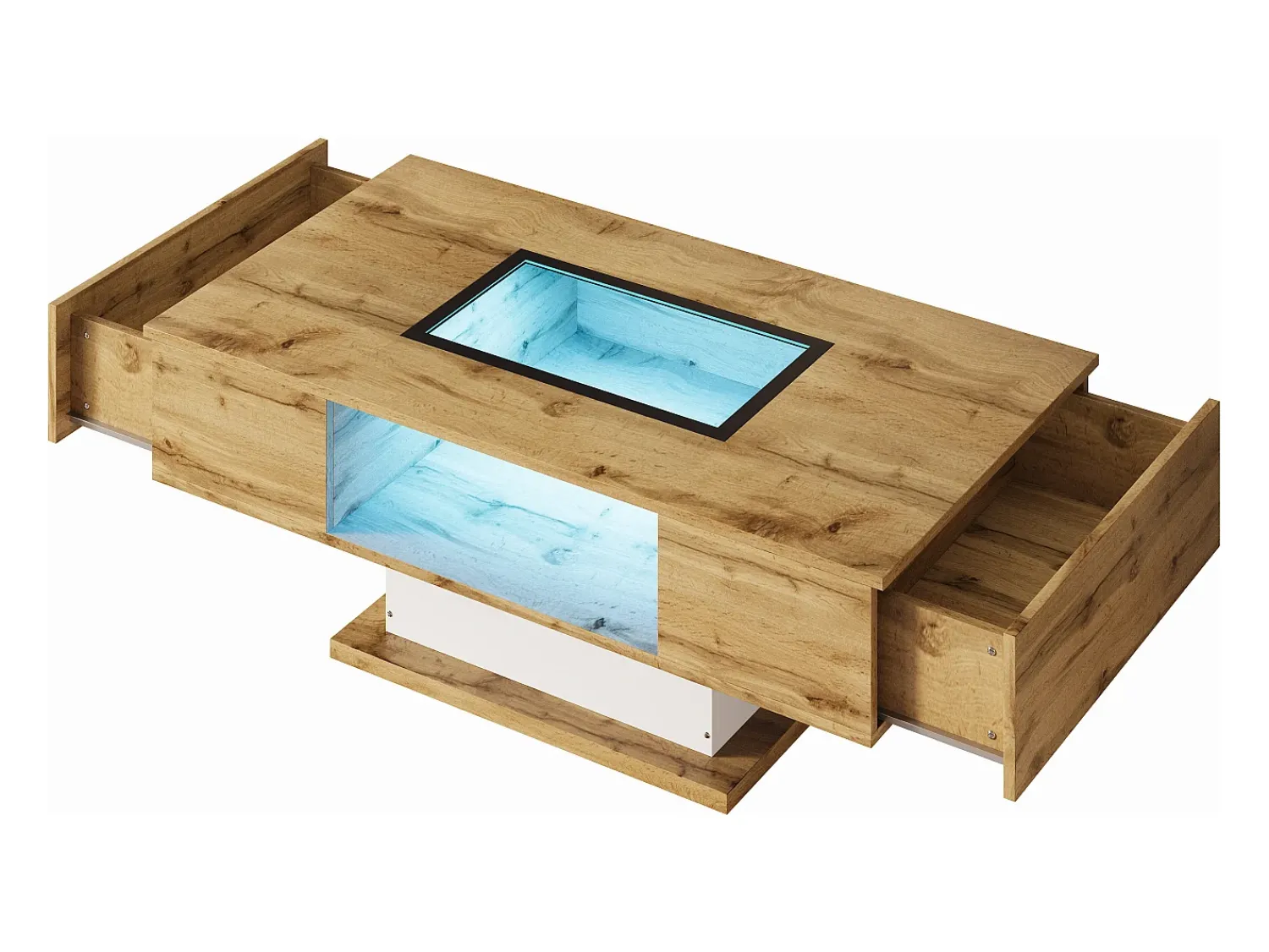 Mesa De Centro|Merax Mesa de centro com 2 gavetas e compartimento - 110,2 x 60 x 39,7 cm - LEDs - Madeira MDF - Natural Natural claro