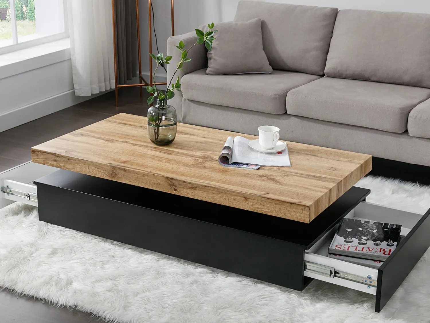 Mesa De Centro|Vente-unique Mesa de centro com 2 gavetas em MDF preto e claro natural - FELIX Preto / Natural claro