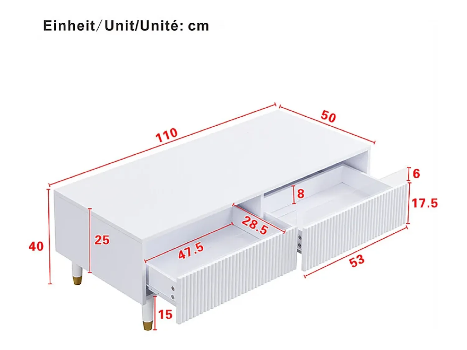 Mesa De Centro*Hauss Spole Mesa de centro com 2 gavetas onduladas e iluminação LED - Branca e dourada Branco