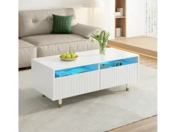 Mesa De Centro*Hauss Spole Mesa de centro com 2 gavetas onduladas e iluminação LED - Branca e dourada Branco