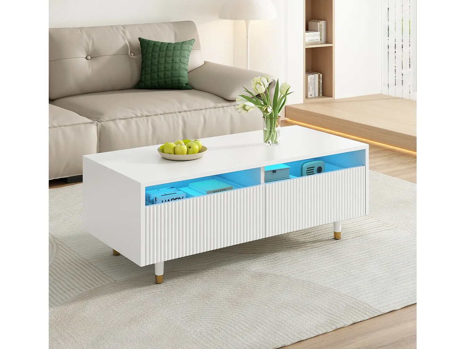 Mesa De Centro*Hauss Spole Mesa de centro com 2 gavetas onduladas e iluminação LED - Branca e dourada Branco