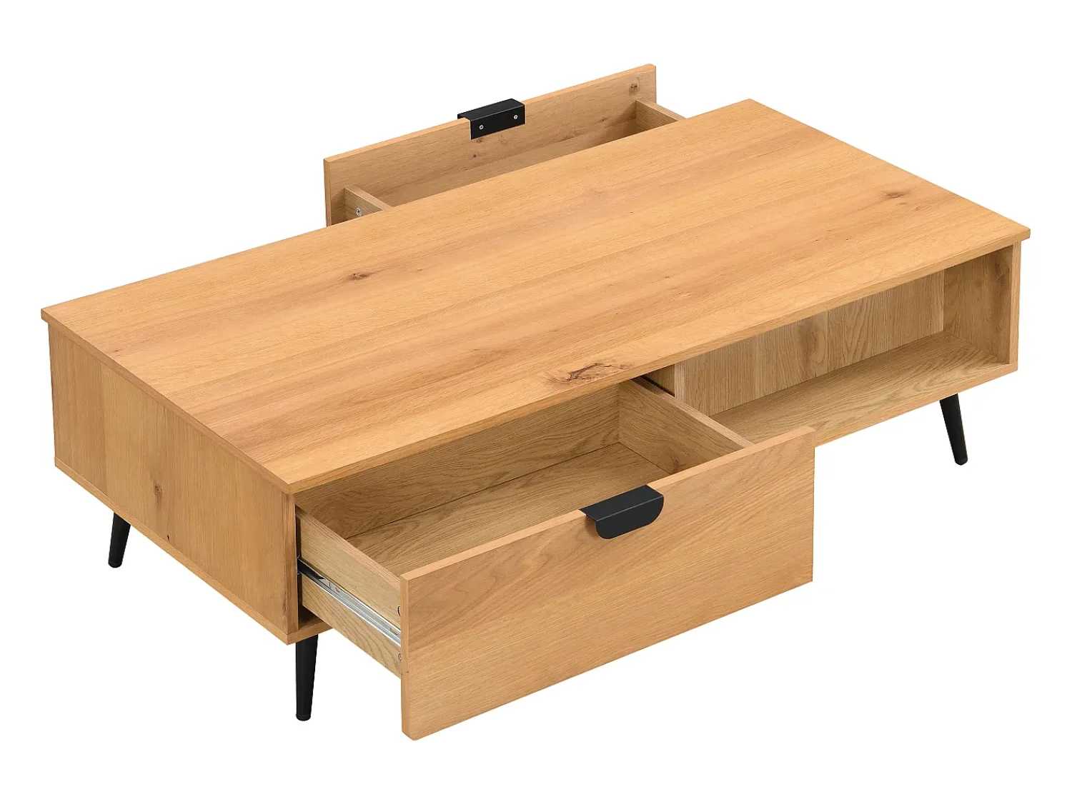 Mesa De Centro|Vente-unique Mesa de centro com 2 gavetas e 2 nichos folha de carvalho e aço natural e preto - SINOLO Natural claro