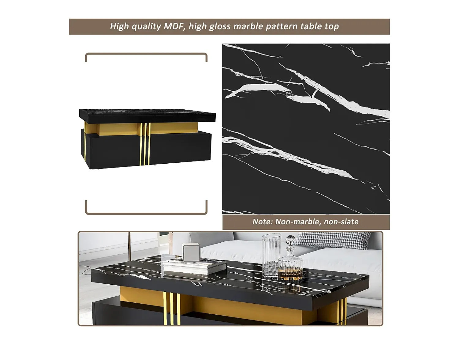 ModernLuxe Mesa de centro com 2 gavetas - placa estampada em mármore - estilo escandinavo -^ Mesa De Centro