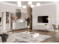 Discount Mesa de centro com 2 gavetas e pé de metal em caxemira 100x40 cm Bege