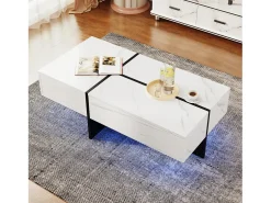Mesa De Centro|Hauss Spole Mesa de centro com 3 gavetas 100x50 cm, iluminação LED Bluetooth, tampo em folheado de mármore Branco